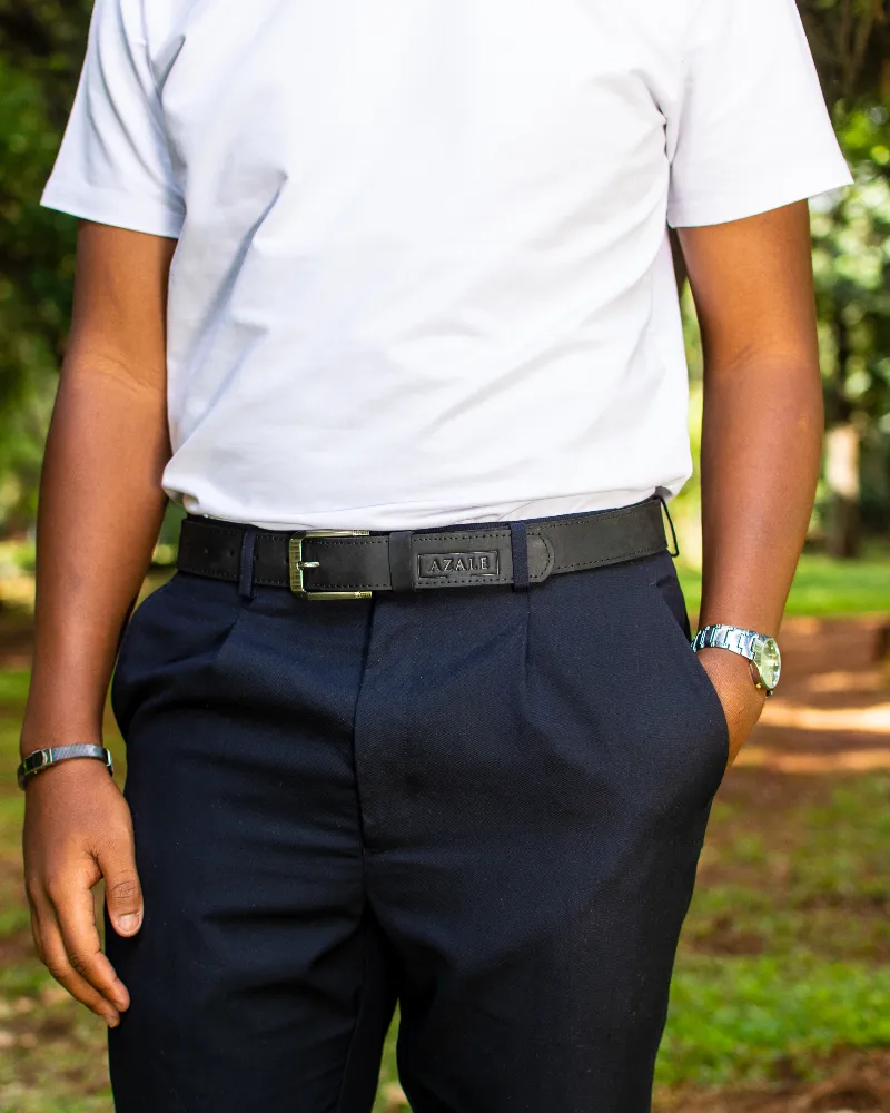 Person wearing black Azale men's leather belt