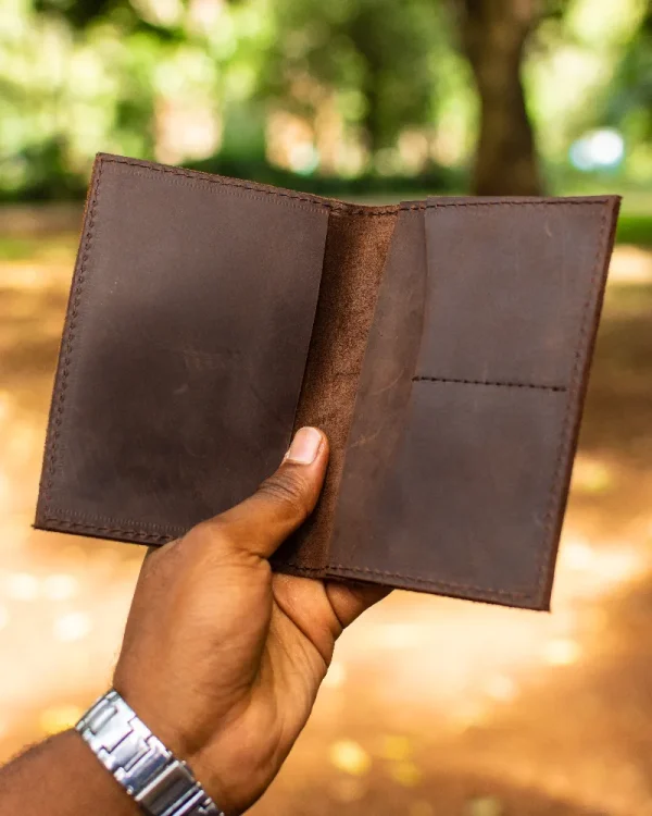 Open leather passport holder