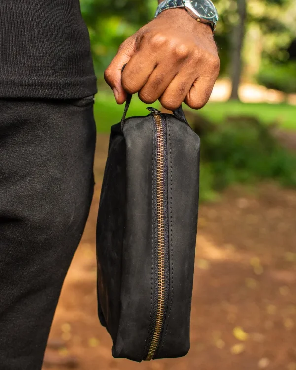 Black Azale leather washbag with visible brass zipper