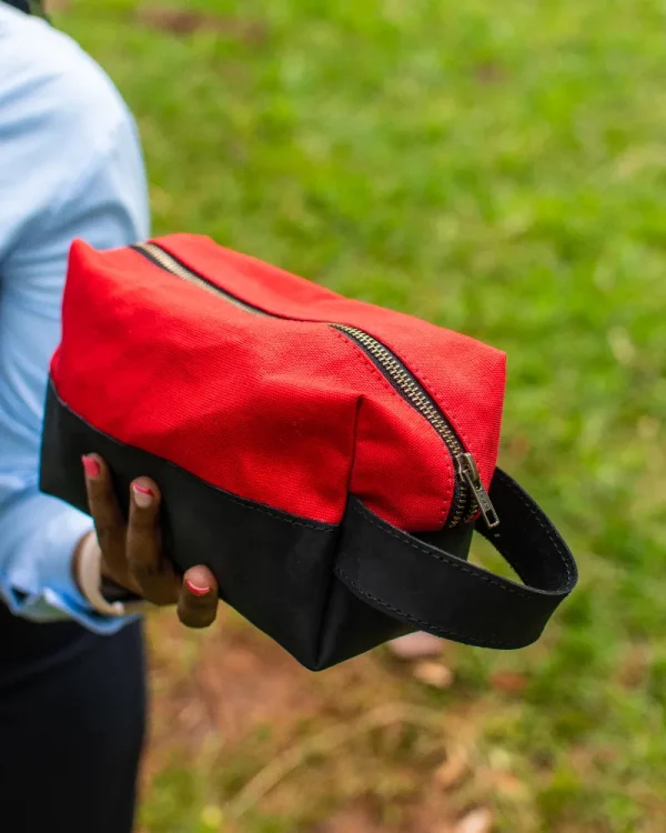 Red Azale canvas and leather washbag