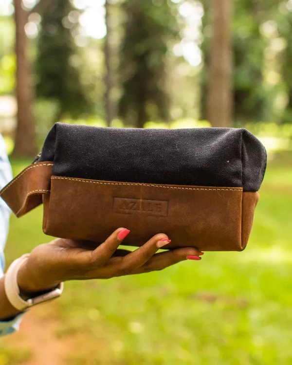 Black and brown canvas and leather washbag