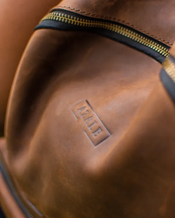 Zoomed logo on Brown Azale Backpack