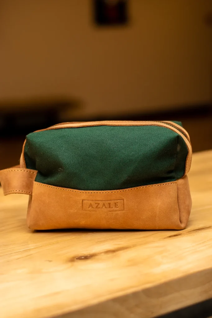 green canvas & leather mini washbag